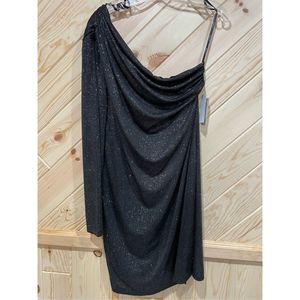 Allen B Allen Schwartz Womens One Shoulder Dress Long Sleeve Black Silver Large